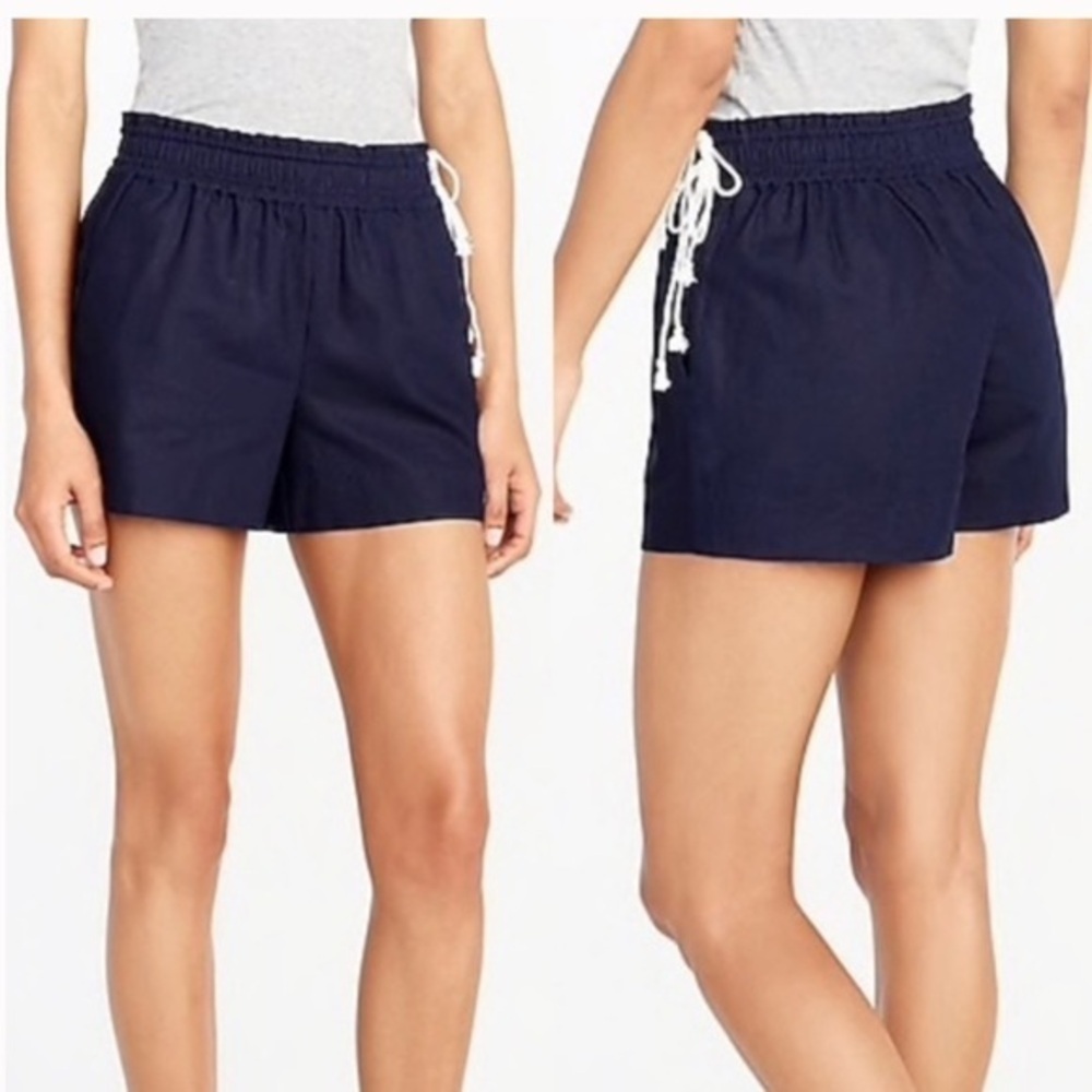🇪🇸🥑J Crew Factory shorts linen navy blue white lace bows elastic waist XS BUDGET